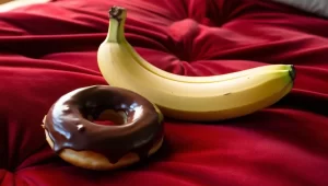Banane und Donut auf einem roten Samtbett