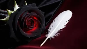 Eine schwarze Rose und eine weiße Feder