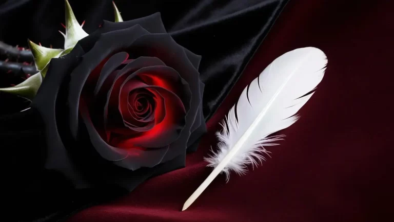 Eine schwarze Rose und eine weiße Feder