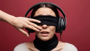 Eine Frau mit Kopfhörern und Augenbinde