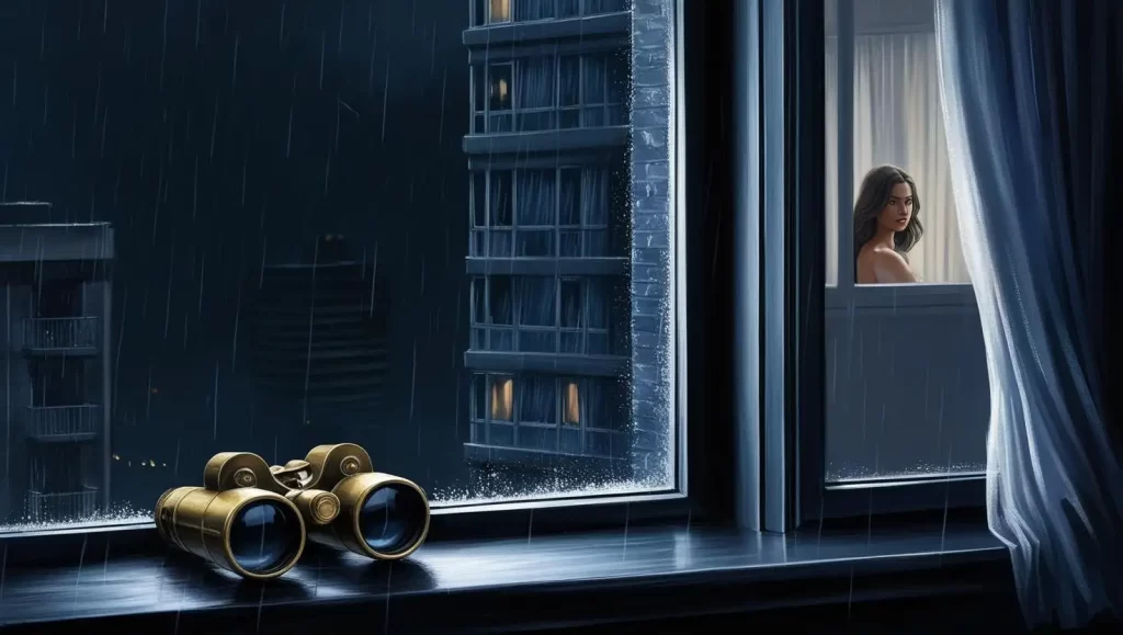 Ein Fernglas und eine Frau auf der anderen Seite am Fenster