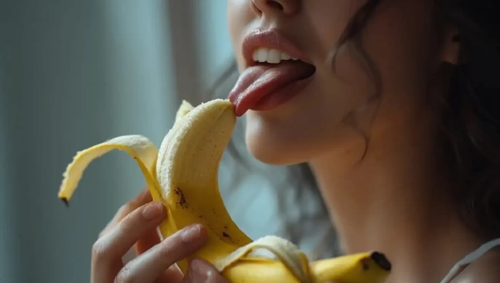 Frau, die genüsslich an einer Banane leckt