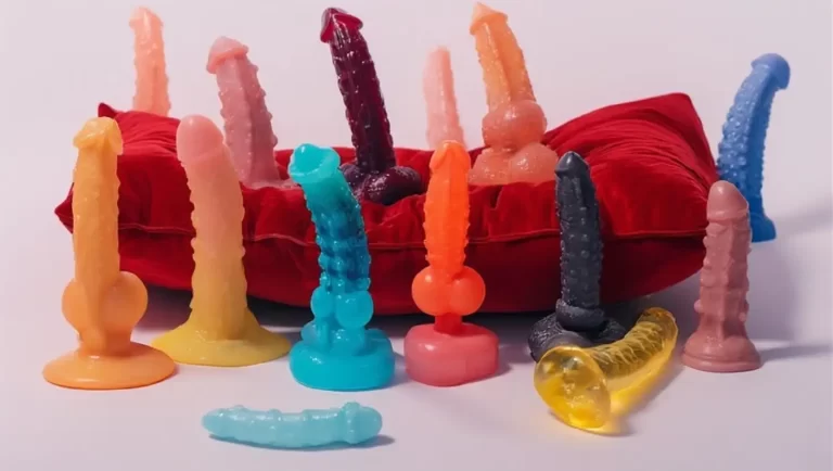 Mehrere Dildos, die auf einem roten Kissen stehen