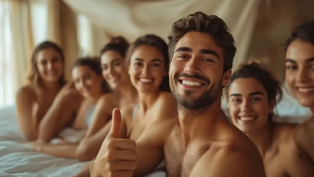 Fröhlicher Mann im Bett mit mehreren Frauen