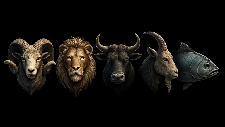 Ein Widder-, ein Löwen-, ein Stier-, ein Steinbock- und ein Fischkopf