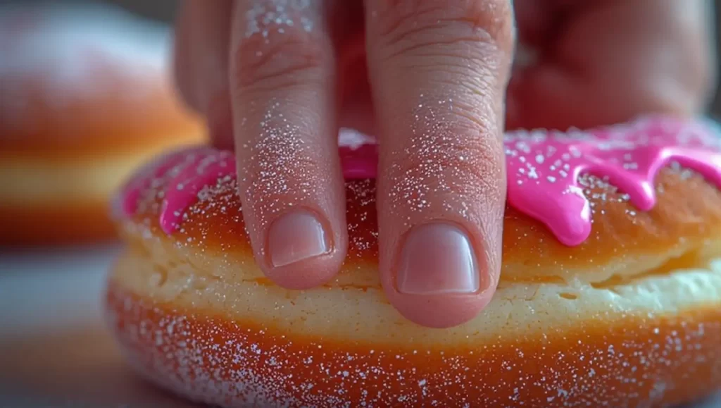 Zwei Finger, die in einem rosa Donut stecken