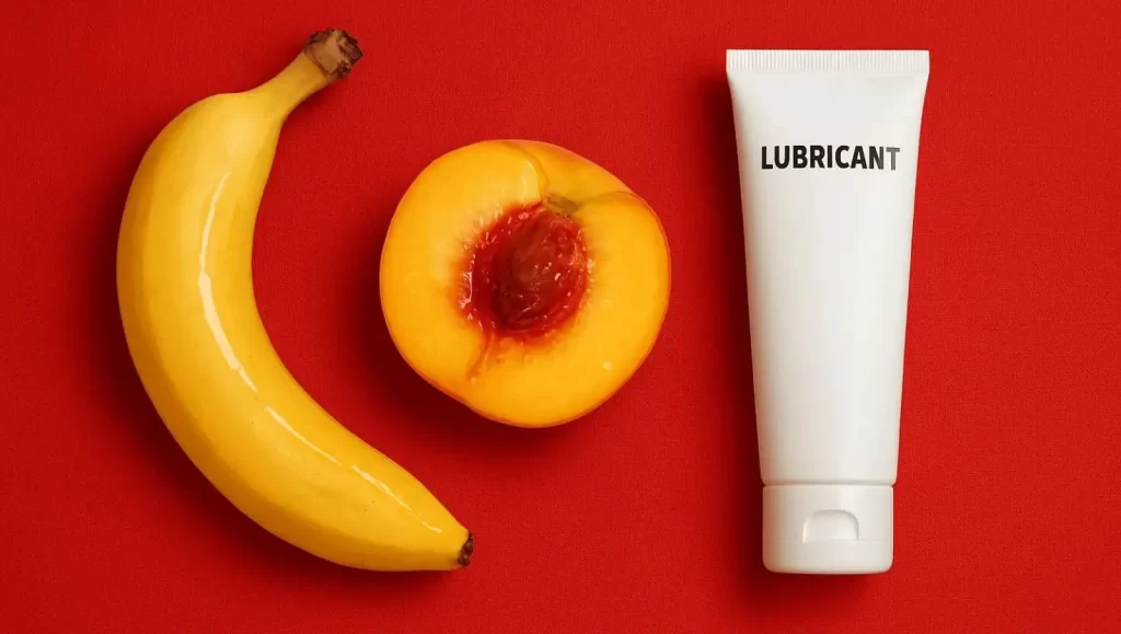 Eine Banane, ein halber Pfirsich und eine Tube Gleitgel