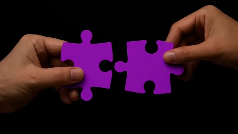 Zwei lila Puzzlestücke, die zueinander geführt werden