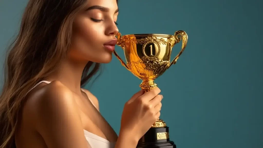 Brünette Frau, die eine Goldtrophäe küsst
