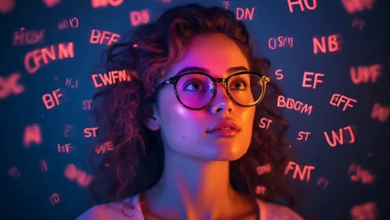 Frau mit Brille. Um sie herum lauter Abkürzungen in der Luft