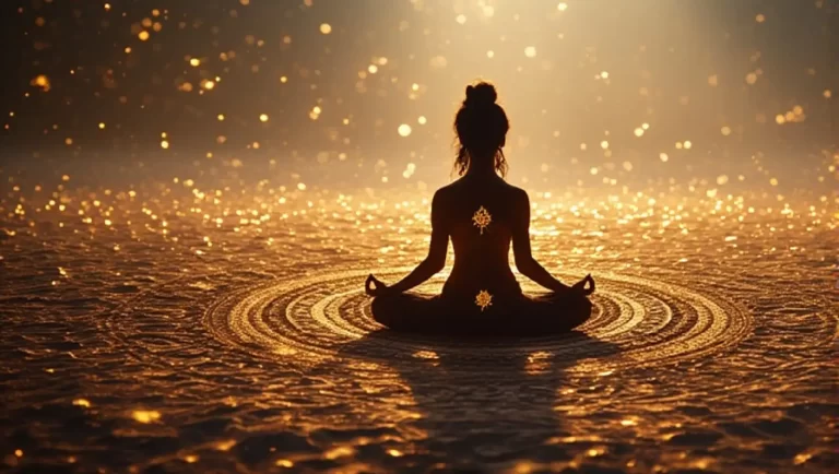 Frau in Meditationshaltung in einem Becken aus Gold