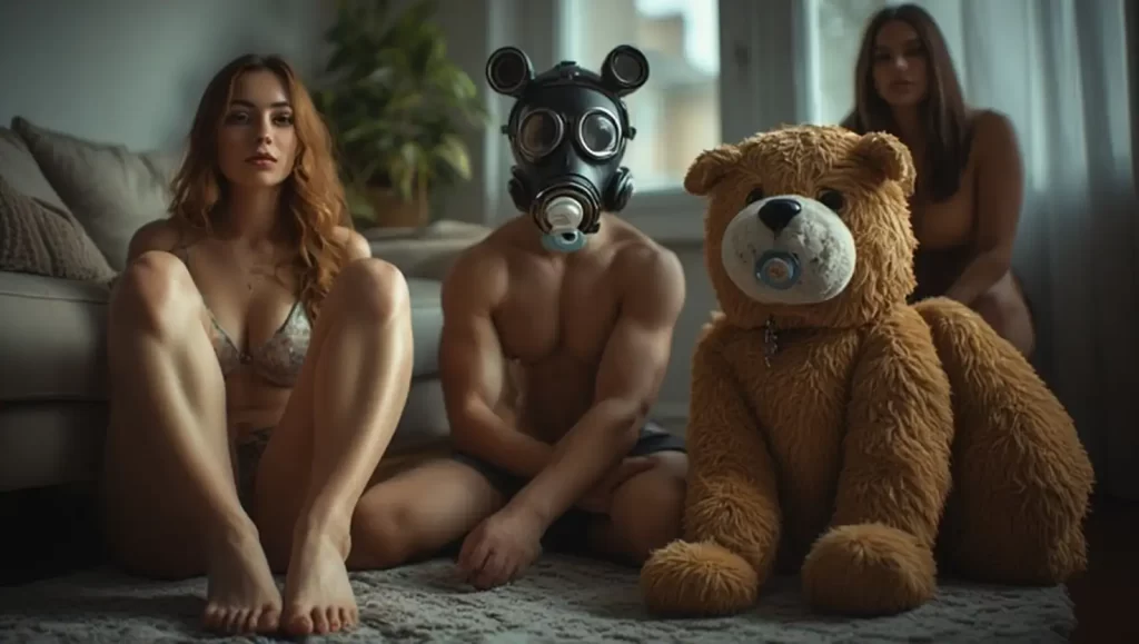 Ein Teddybär mit Schnuller im Mund, eine Frau, die ihre nackten Füße zeigt und ein oberkörperfreier Mann mit Gasmaske