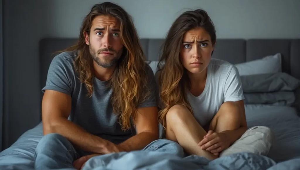 Mann und Frau, die frustriert nebeneinander auf dem Bett sitzen