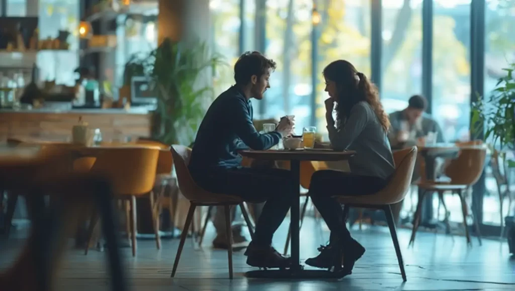 Ein Paar in einem Café, dass gerade dabei ist Schluss zu machen