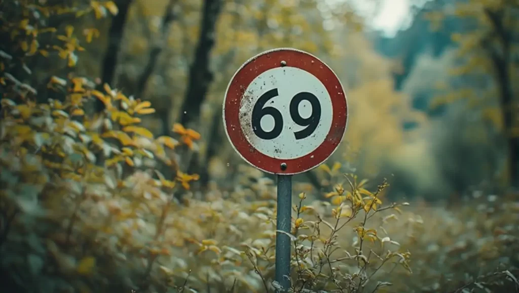 Straßenschild im Wald, auf dem die Zahl 69 steht