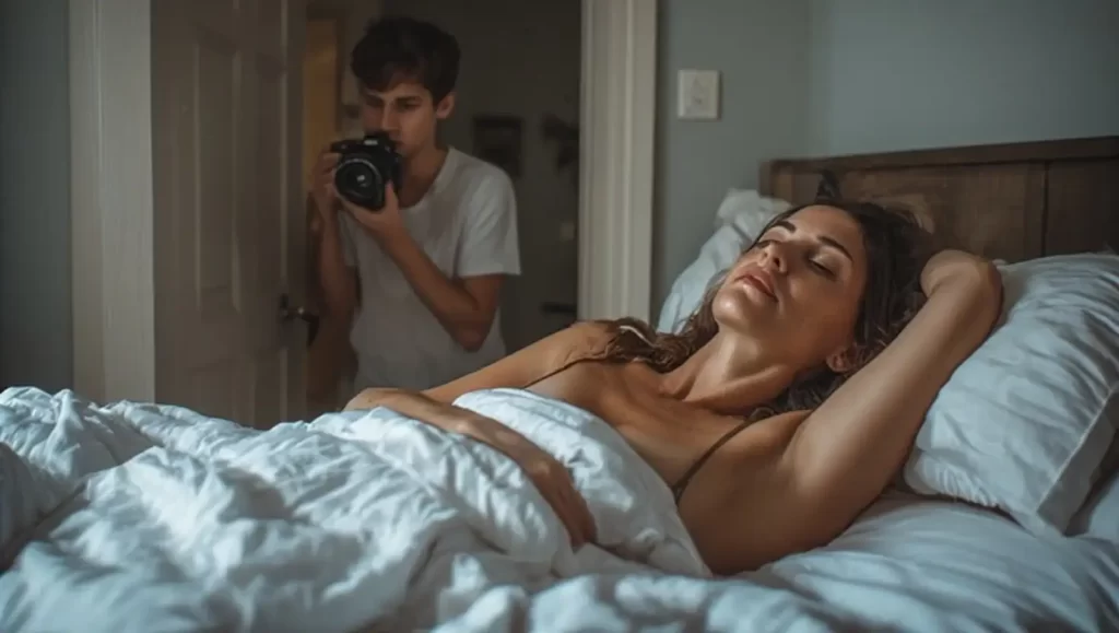 Mutter, die im Bett schläft, im Hintergrund ein Mann mit Kamera