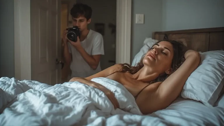 Mutter, die im Bett schläft, im Hintergrund ein Mann mit Kamera