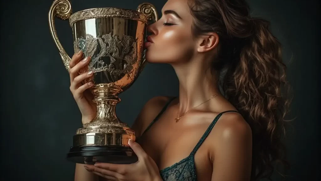 Frau in Unterwäsche, die eine Trophäe küsst