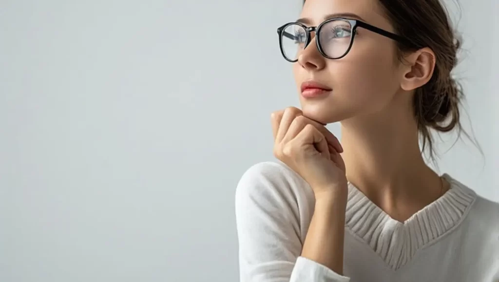 Frau mit Brille in Denkerpose