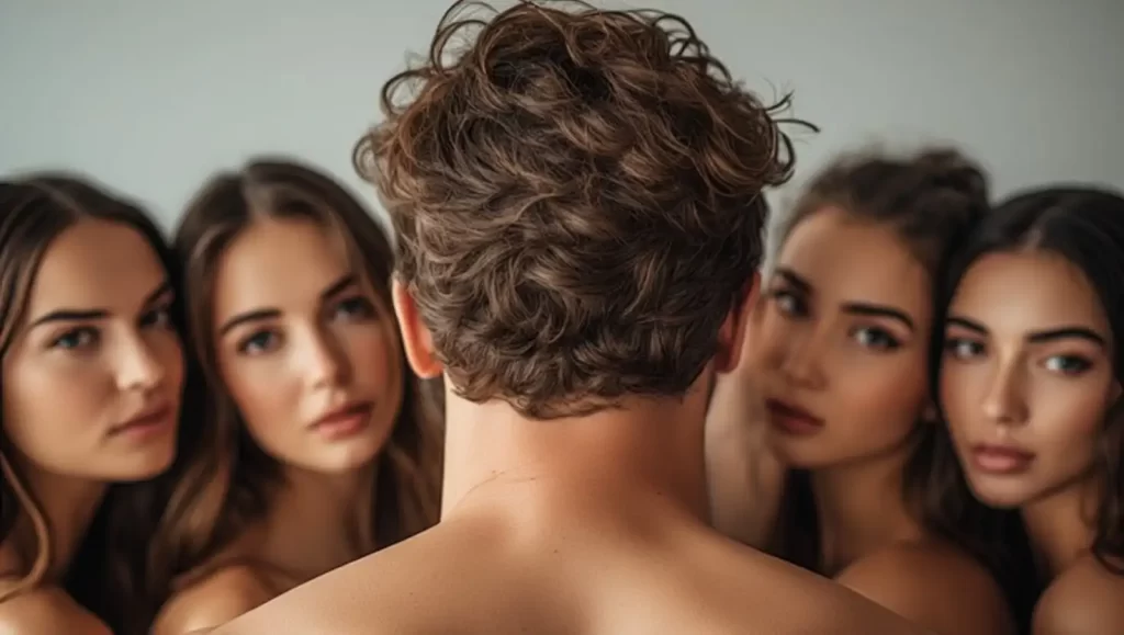 Eine Gruppe Frauen blickt lustvoll auf einen Mann