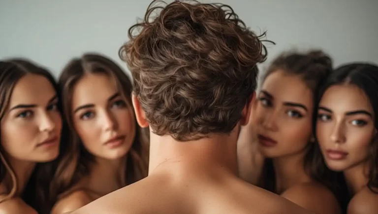 Eine Gruppe Frauen blickt lustvoll auf einen Mann