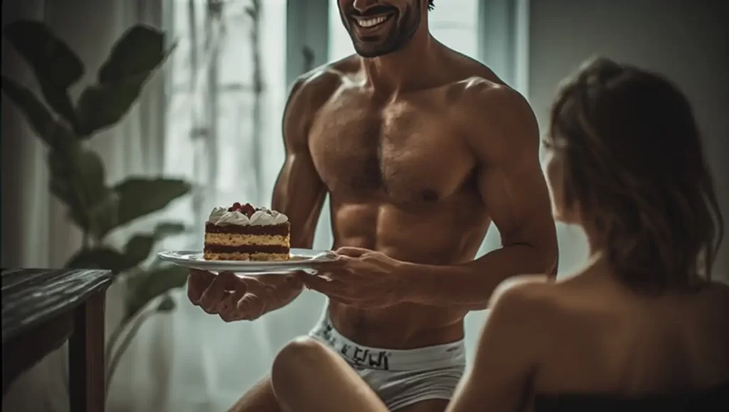 Mann in Unterwäsche präsentiert einen Teller mit einem Kuchen darauf
